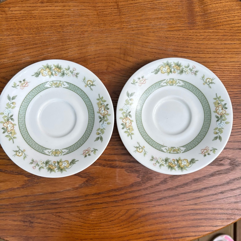 Royal Doulton England Tonkin Fine China Saucers 6” Green Floral Tree Set of 2